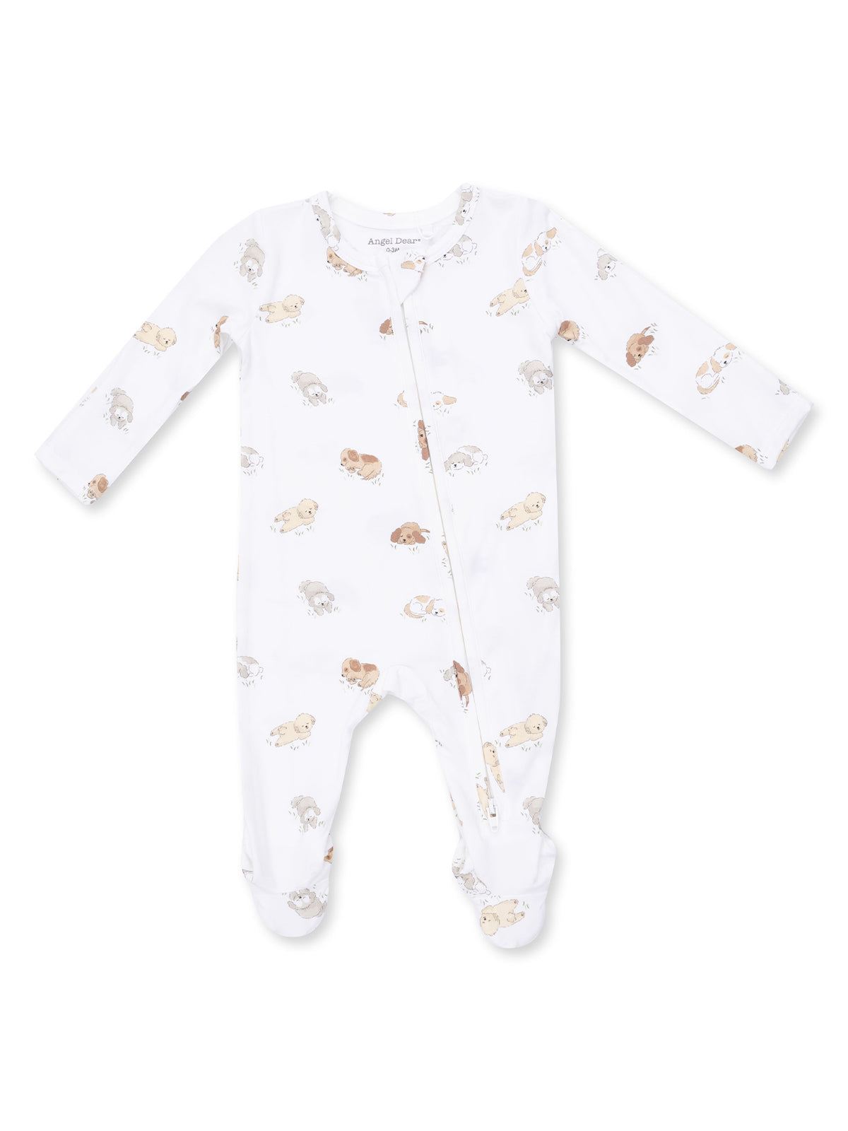 White baby onesie with long sleeves and a zipper, featuring a playful print of puppies.