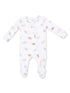 White baby onesie with long sleeves and a zipper, featuring a playful print of puppies.