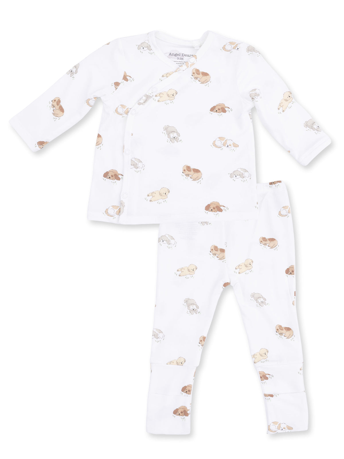 White infant pajamas with cute dog illustrations, featuring a top and matching pants.