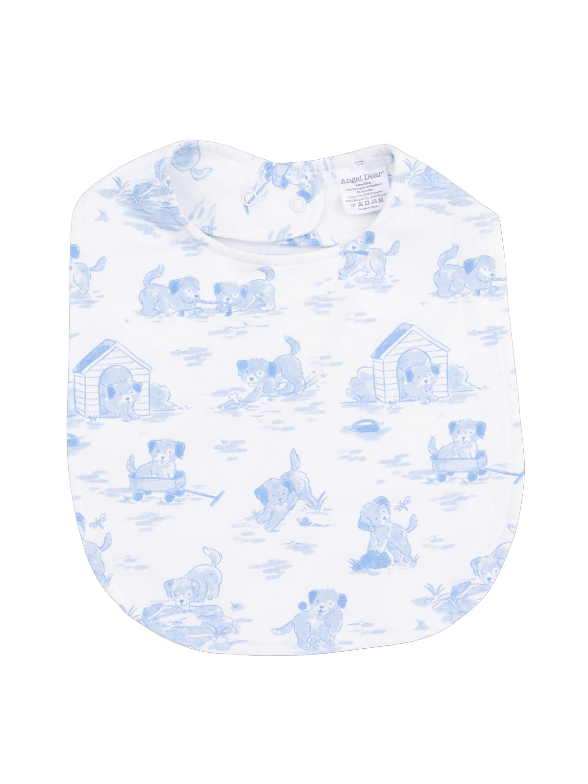 Blue puppy-themed bib featuring playful dog illustrations on a white background.