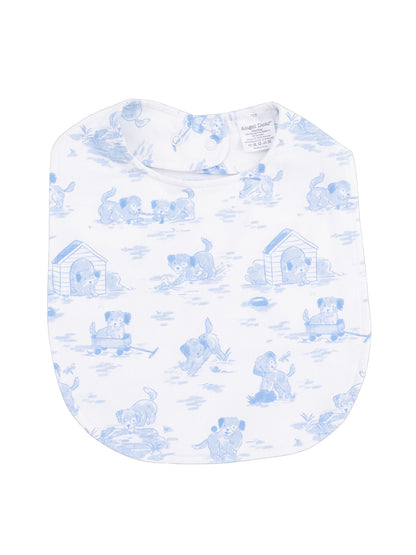 Blue puppy-themed bib featuring playful dog illustrations on a white background.