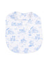 Blue puppy-themed bib featuring playful dog illustrations on a white background.