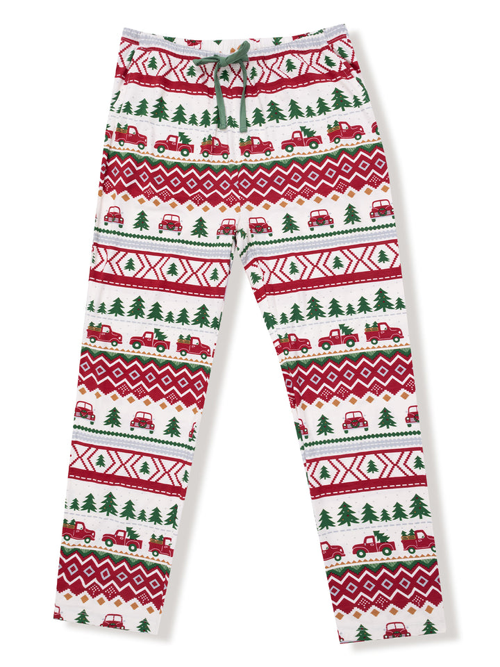 Festive pajama pants featuring red trucks, Christmas trees, and geometric patterns in red and green.