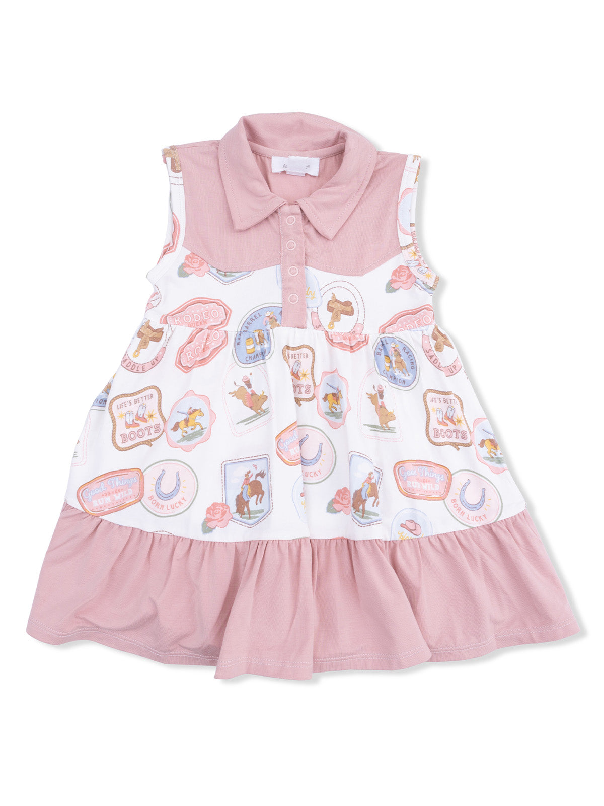 Girls' sleeveless dress with pink collar, featuring a playful rodeo-themed print and ruffled skirt.
