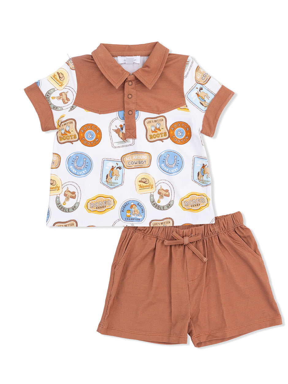 Brown and white children's cowboy-themed outfit featuring a collared shirt and matching shorts.