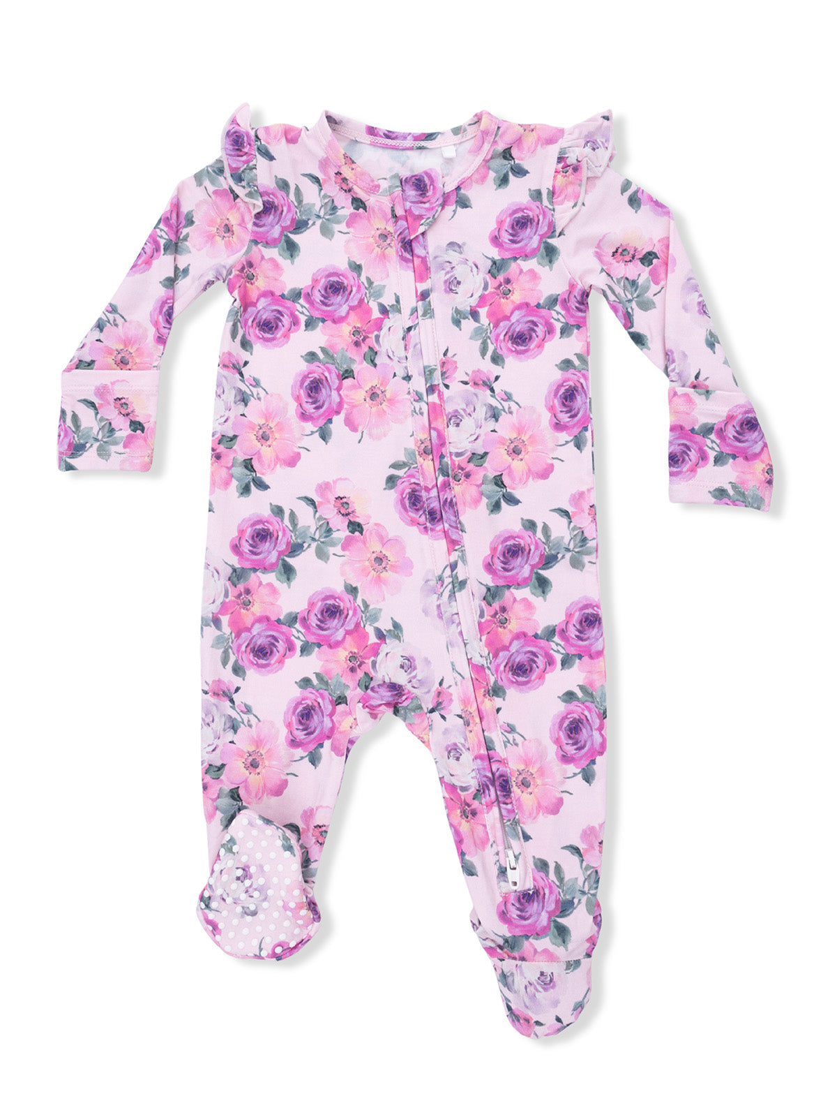 Floral-patterned baby onesie with ruffles and zipper, featuring pink and purple roses on a light pink background.