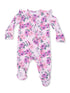Floral-patterned baby onesie with ruffles and zipper, featuring pink and purple roses on a light pink background.