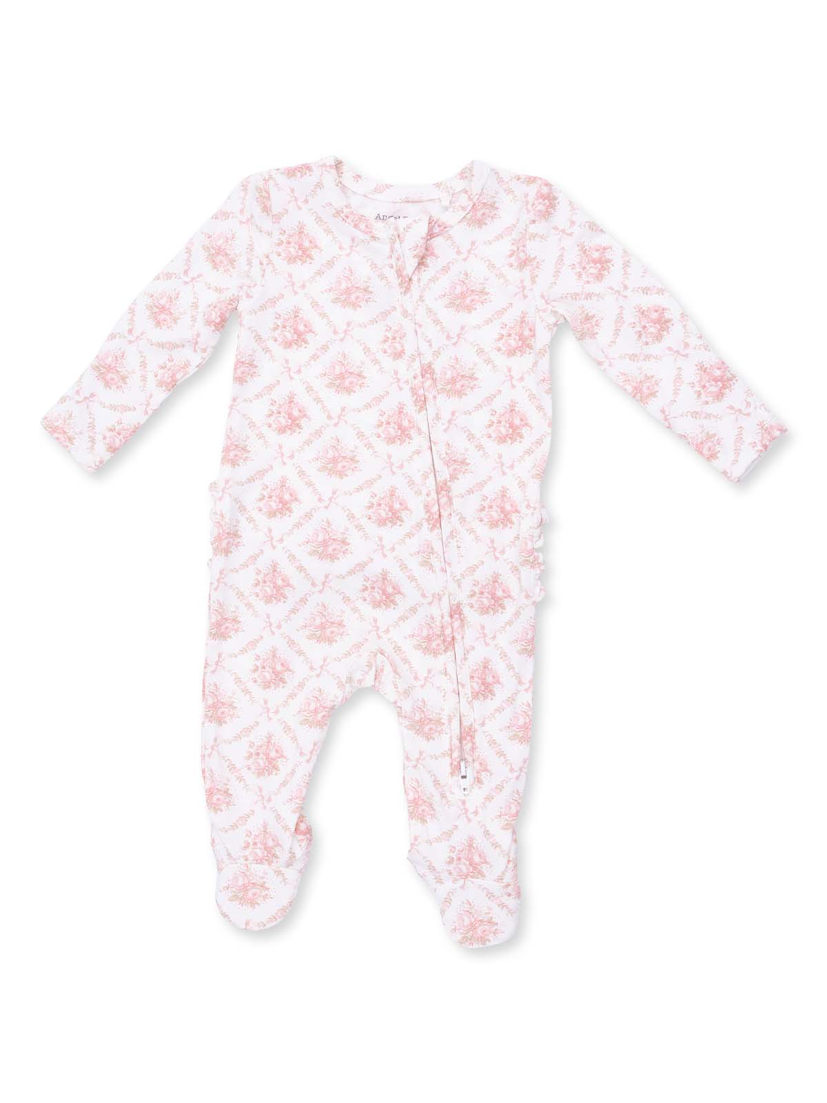 Pink patterned infant onesie with long sleeves and footed design. Ideal for cozy and stylish wear.
