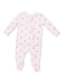 Pink patterned infant onesie with long sleeves and footed design. Ideal for cozy and stylish wear.