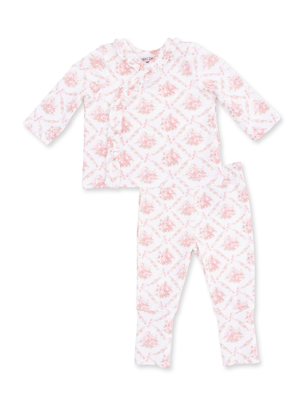 Pink floral patterned baby pajama set with long sleeves and matching pants.