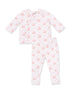 Pink floral patterned baby pajama set with long sleeves and matching pants.