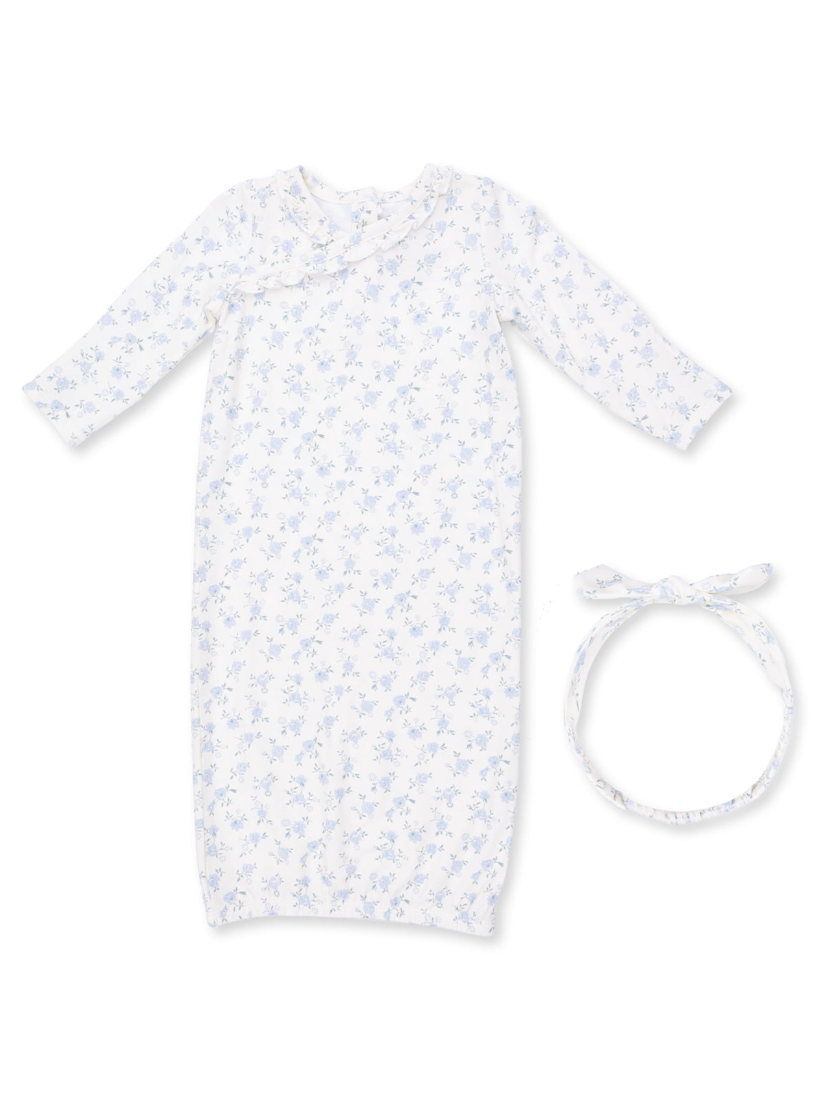 White floral baby gown with long sleeves, paired with a matching headband. Perfect for newborns.