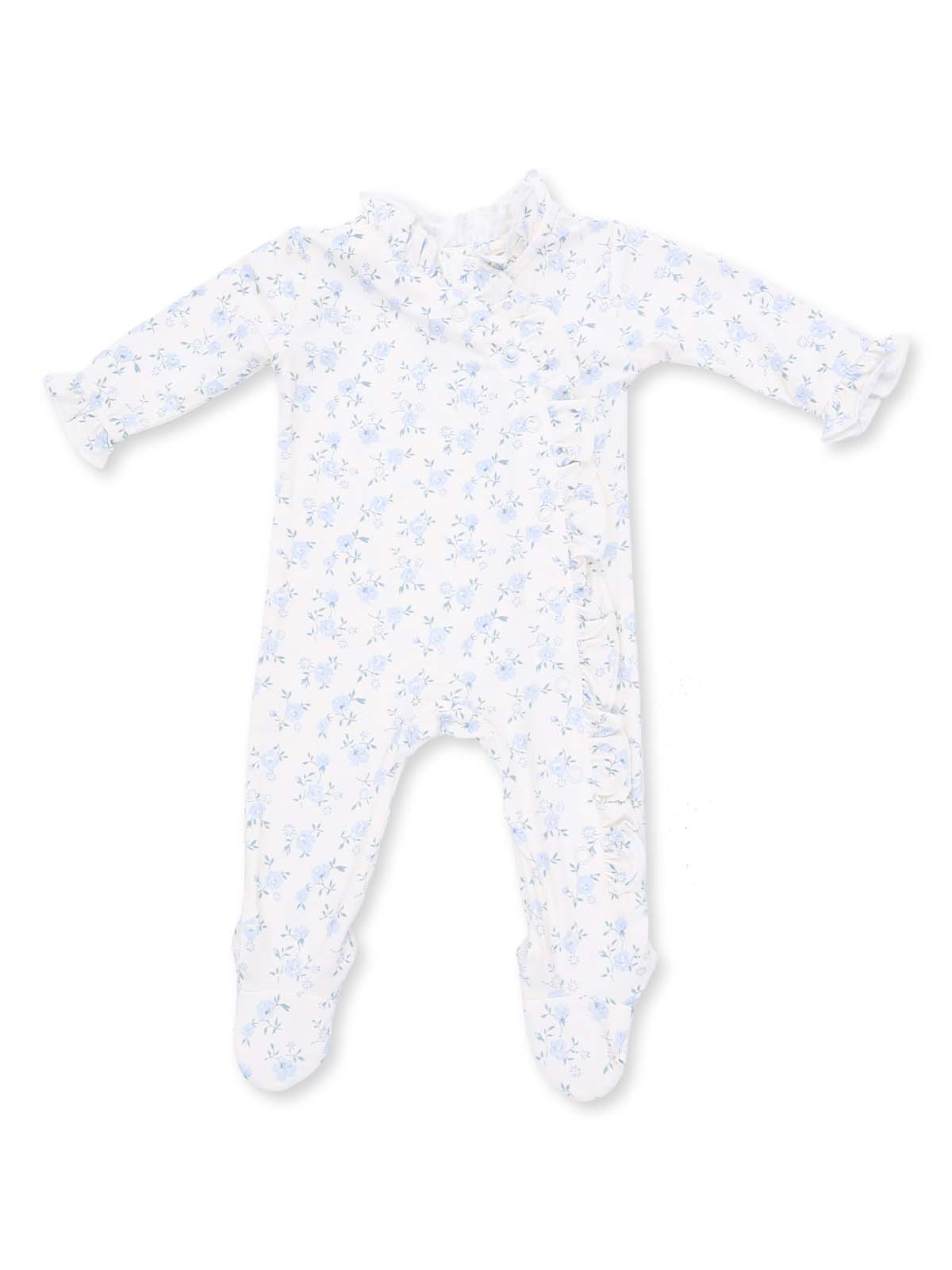 Light blue floral baby onesie with long sleeves and footed design, ideal for comfort and style.