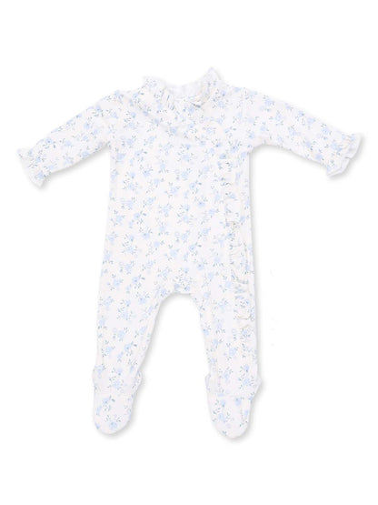 Light blue floral baby onesie with long sleeves and footed design, ideal for comfort and style.