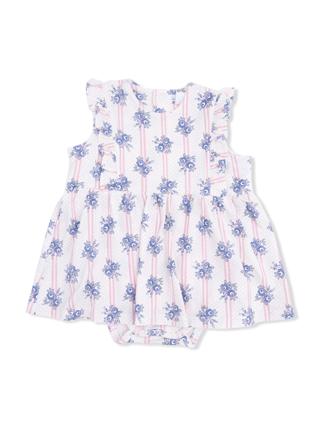 Floral baby romper with ruffled sleeves and pink striped pattern, ideal for warm weather.
