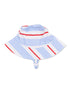 Multicolored striped bucket hat in blue, white, and red, featuring a chin strap for secure fit.