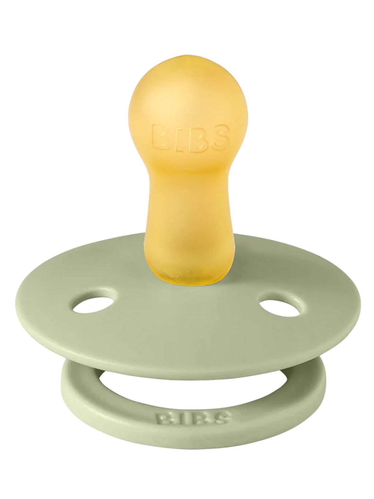 BIBS pacifier in soft yellow and green, designed for infants, featuring a classic round shape.