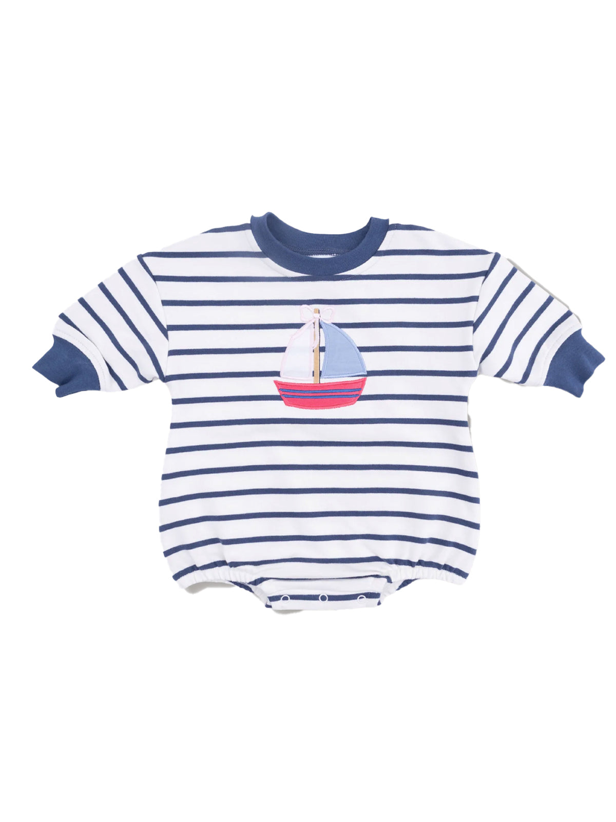 Striped baby bodysuit featuring a colorful sailboat design on the front.
