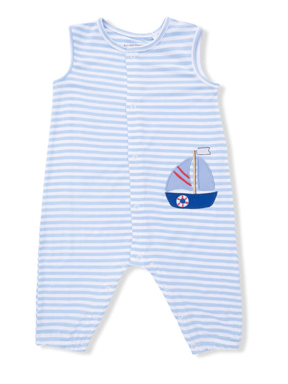 Light blue striped baby romper with a sailboat design on the side. Perfect for nautical-themed outfits.