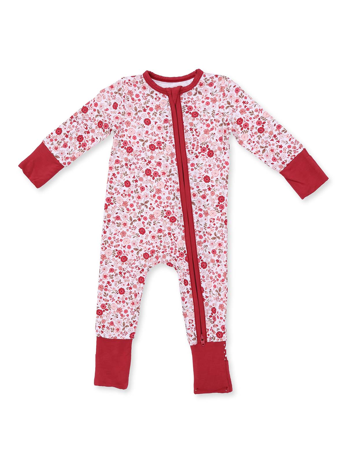 Floral-patterned baby onesie with red accents and a front zipper, designed for comfort and style.