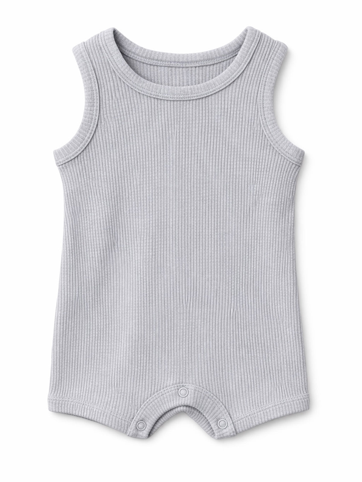 Light gray ribbed tank romper for infants with snap closures at the bottom.