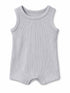 Light gray ribbed tank romper for infants with snap closures at the bottom.