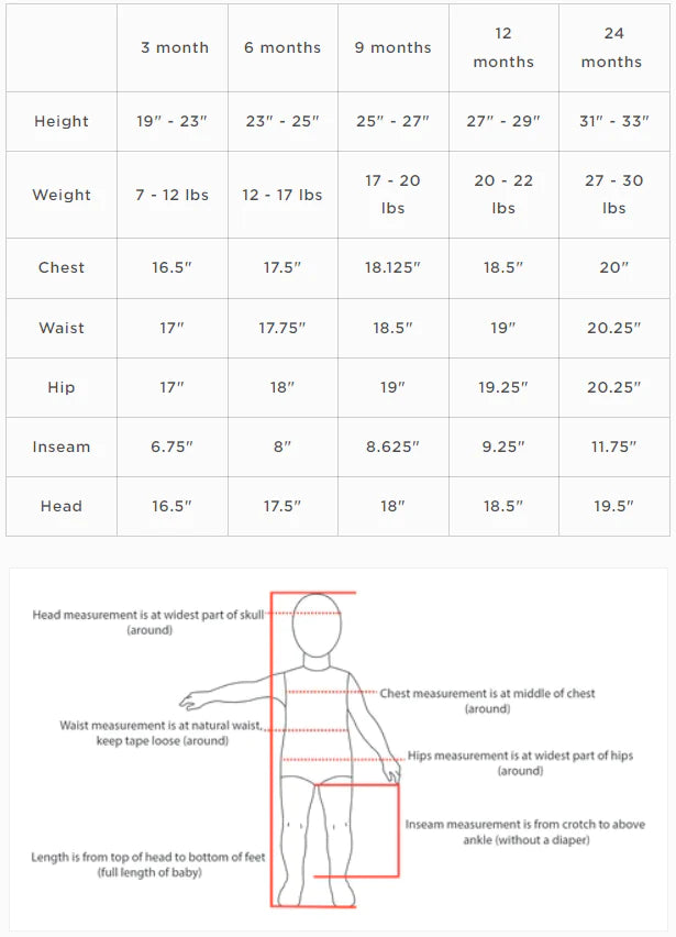 Infant growth chart showing height, weight, and body measurements for various ages from 3 to 24 months.