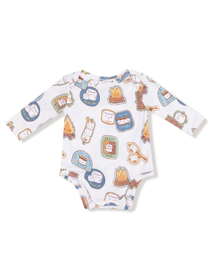 White long-sleeve baby onesie with colorful s'mores-themed cartoon patterns.