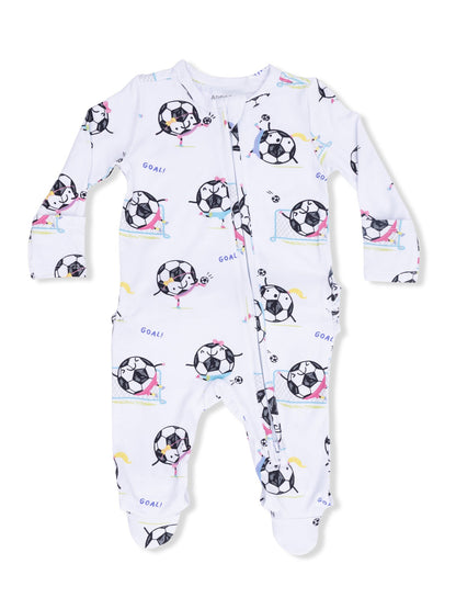 White baby onesie with playful soccer ball and character prints, featuring "GOAL!" text throughout.
