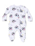 White baby onesie with playful soccer ball and character prints, featuring "GOAL!" text throughout.