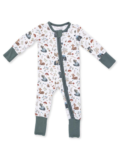 Long-sleeve baby onesie with woodland animal print and green cuffs, featuring a front zip closure.