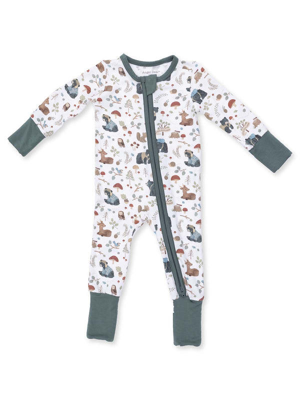 Long-sleeve baby onesie with woodland animal print and green cuffs, featuring a front zip closure.