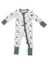 Long-sleeve baby onesie with woodland animal print and green cuffs, featuring a front zip closure.