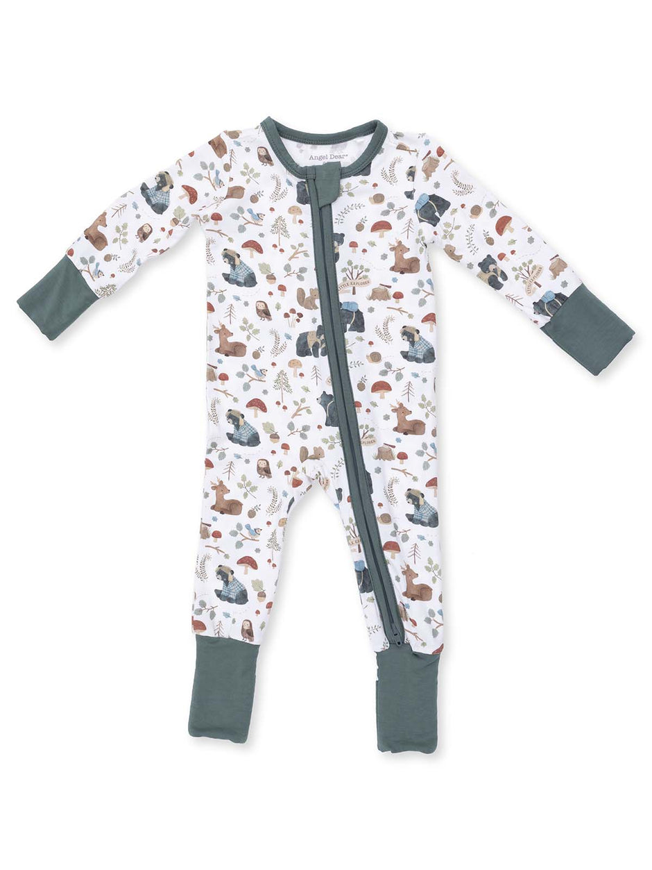 Long-sleeve baby onesie with woodland animal print and green cuffs, featuring a front zip closure.