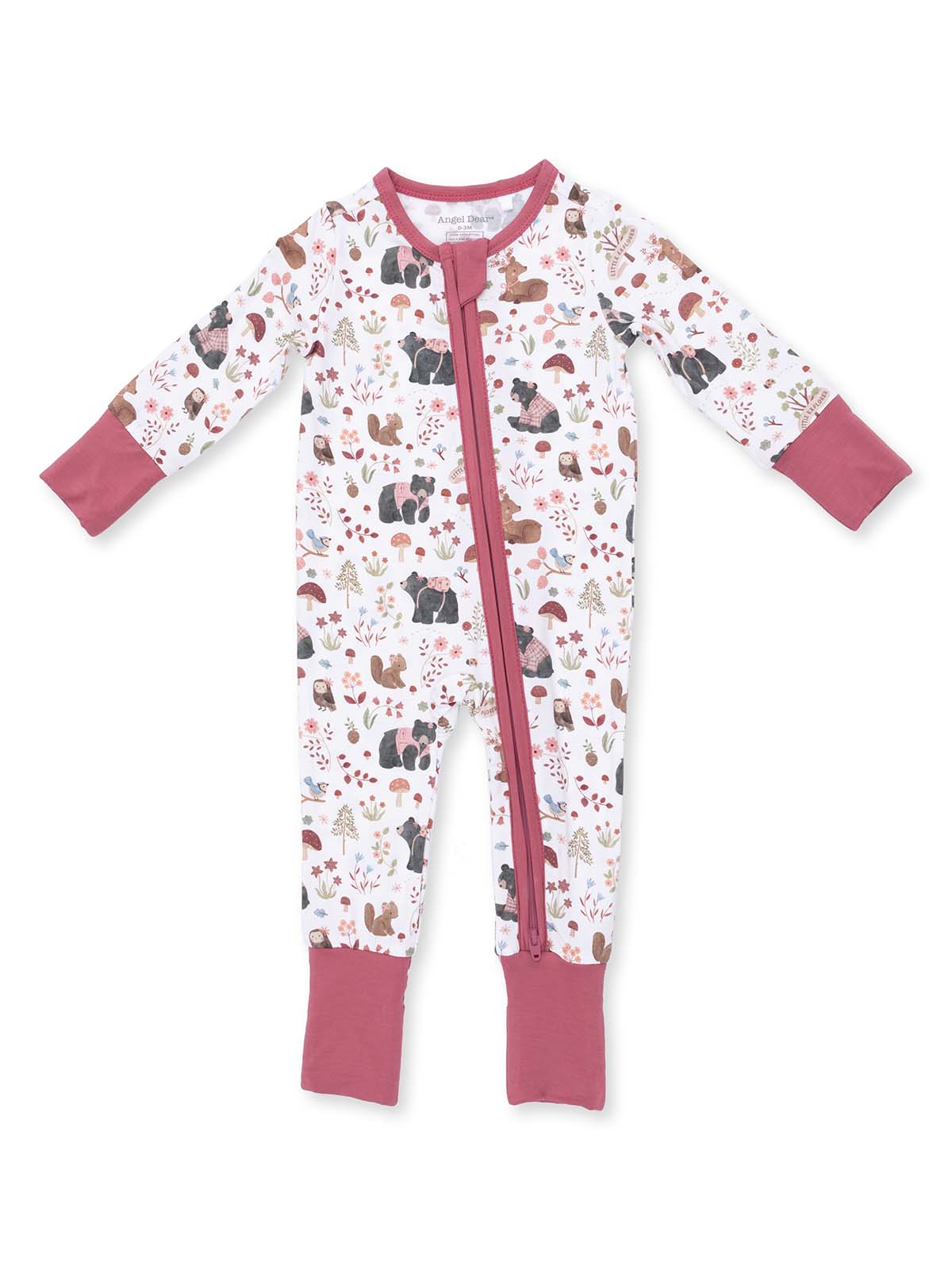 Infant pajama outfit featuring playful animal and nature patterns with a zip closure in soft colors.