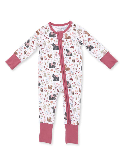 Infant pajama outfit featuring playful animal and nature patterns with a zip closure in soft colors.