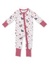 Infant pajama outfit featuring playful animal and nature patterns with a zip closure in soft colors.