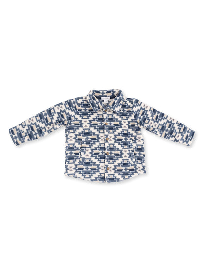 Blue and white patterned long-sleeve button-up shirt on a white background.