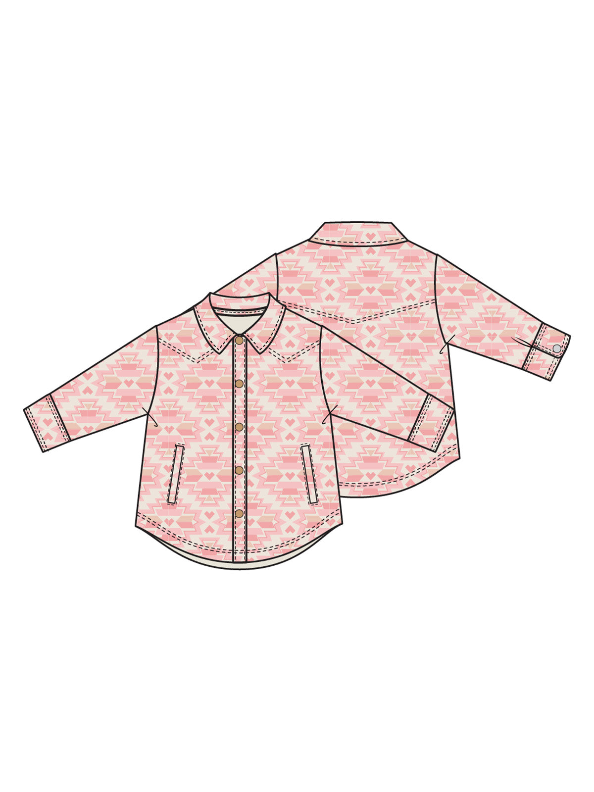 Pink patterned button-up shirt with long sleeves, featuring a stylish design and front pockets.