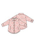 Pink patterned button-up shirt with long sleeves, featuring a stylish design and front pockets.