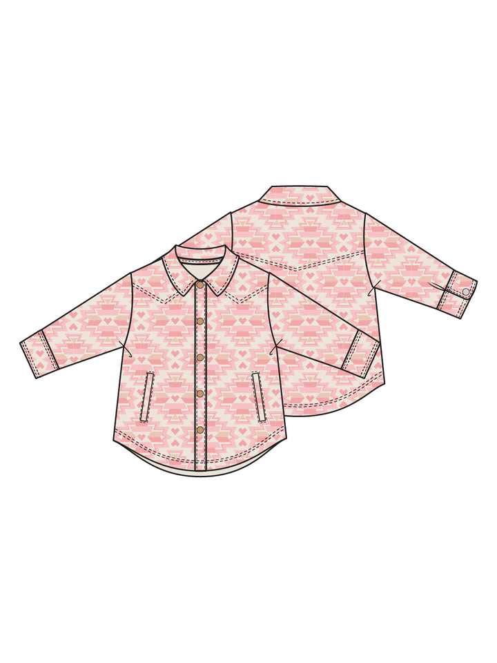 Pink patterned button-up shirt with long sleeves, featuring a stylish design and front pockets.