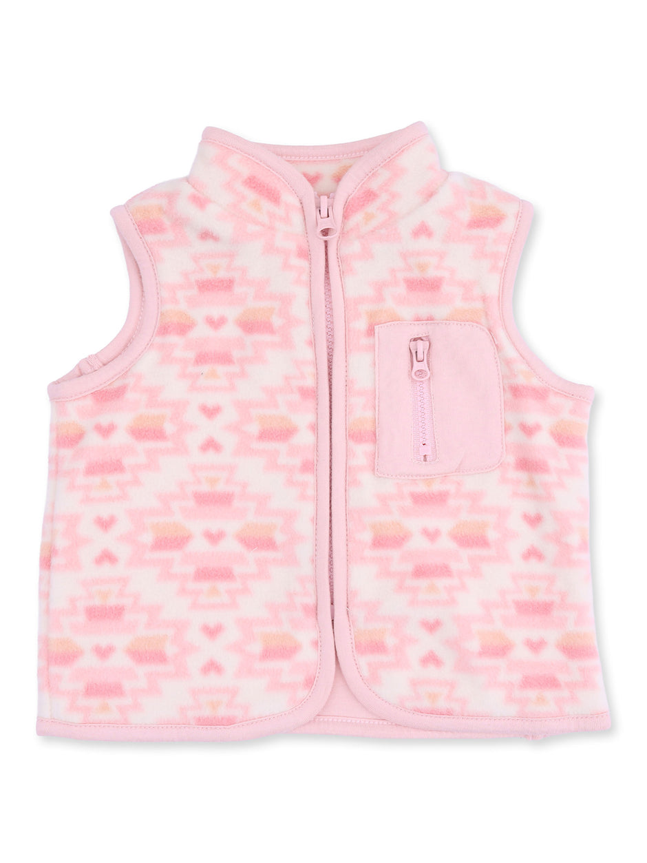 Pink fleece vest with a geometric pattern and a front zip pocket, ideal for layering in cool weather.