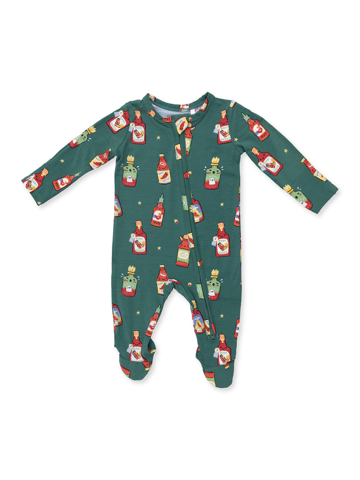 Green baby onesie featuring colorful cartoon food bottles and spicy themes.