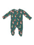 Green baby onesie featuring colorful cartoon food bottles and spicy themes.
