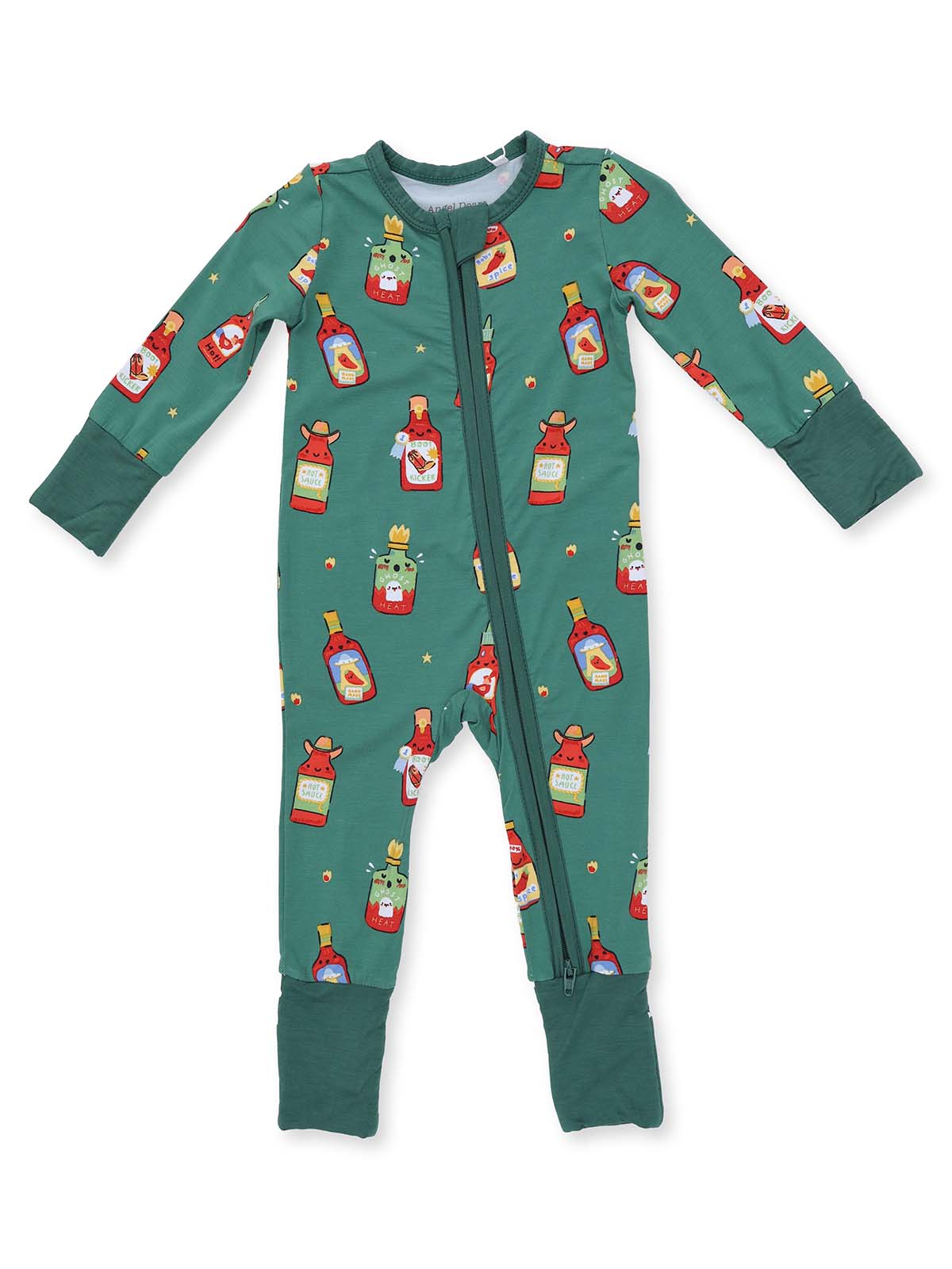 Green onesie featuring playful bottle graphics, perfect for cozy and fun sleepwear.