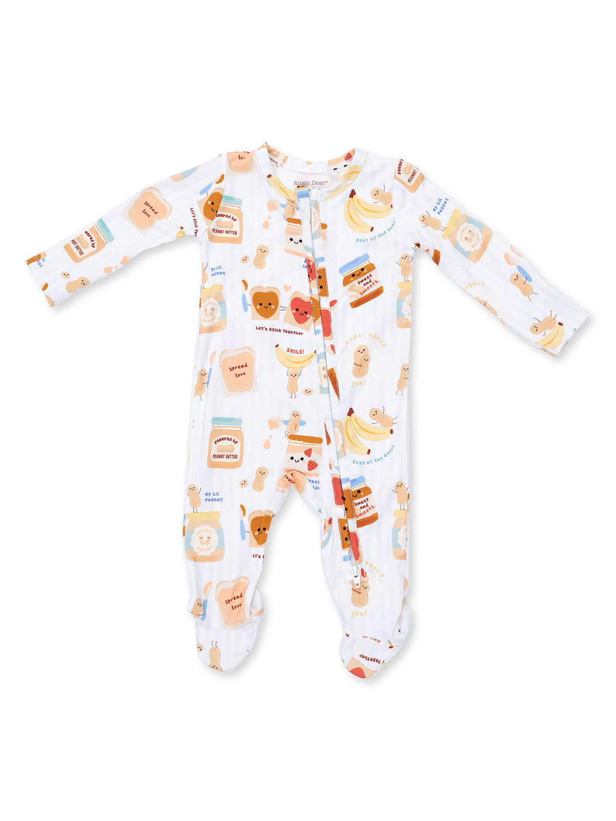 Colorful baby onesie featuring playful animal and food illustrations, perfect for infants.