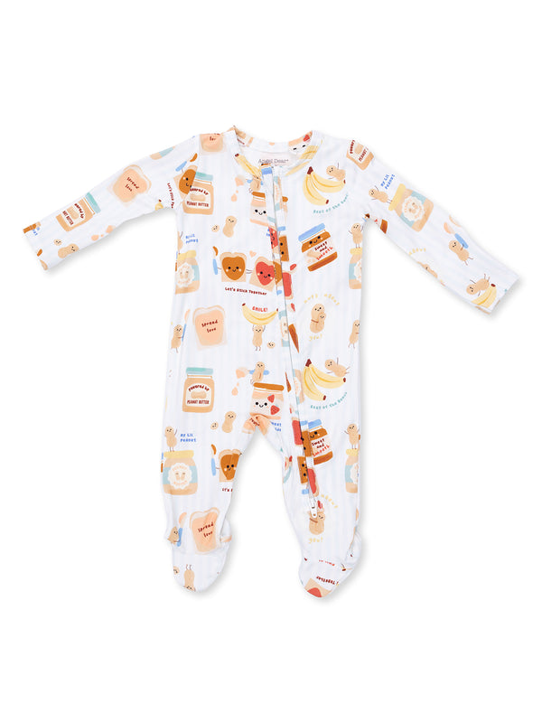 Colorful baby onesie featuring playful animal and food illustrations, perfect for infants.
