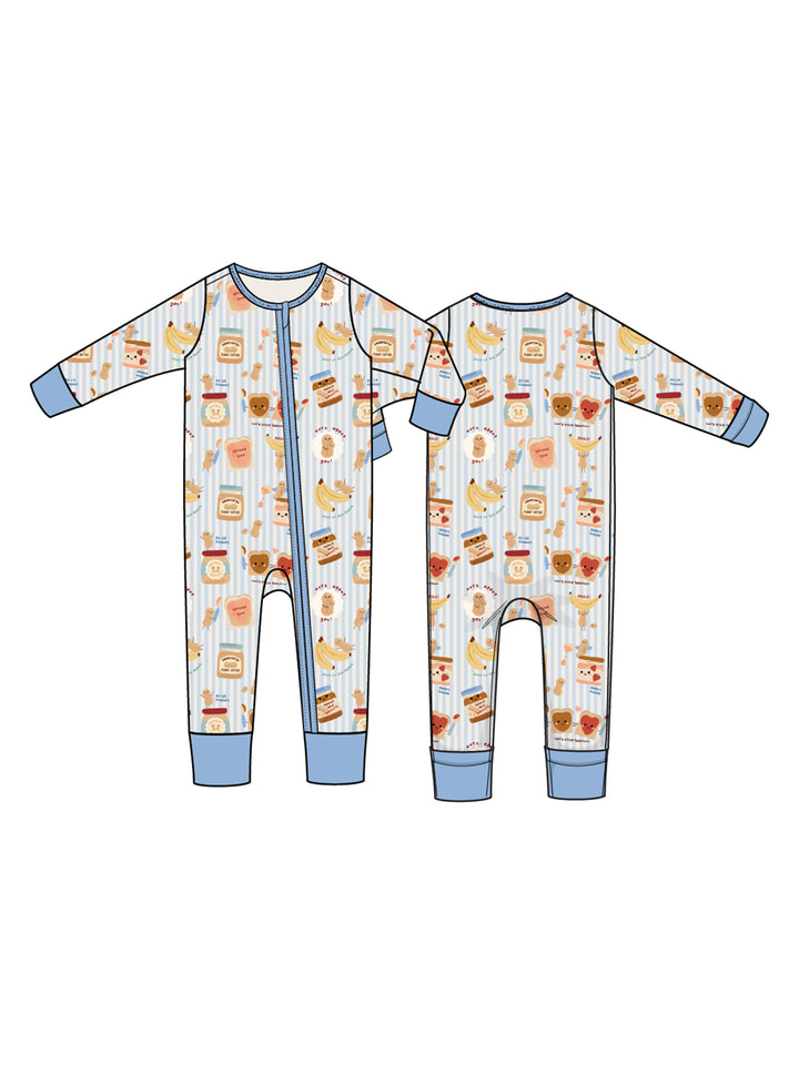 Child's pajama onesie featuring a playful food-themed print in pastel colors, front and back views displayed.