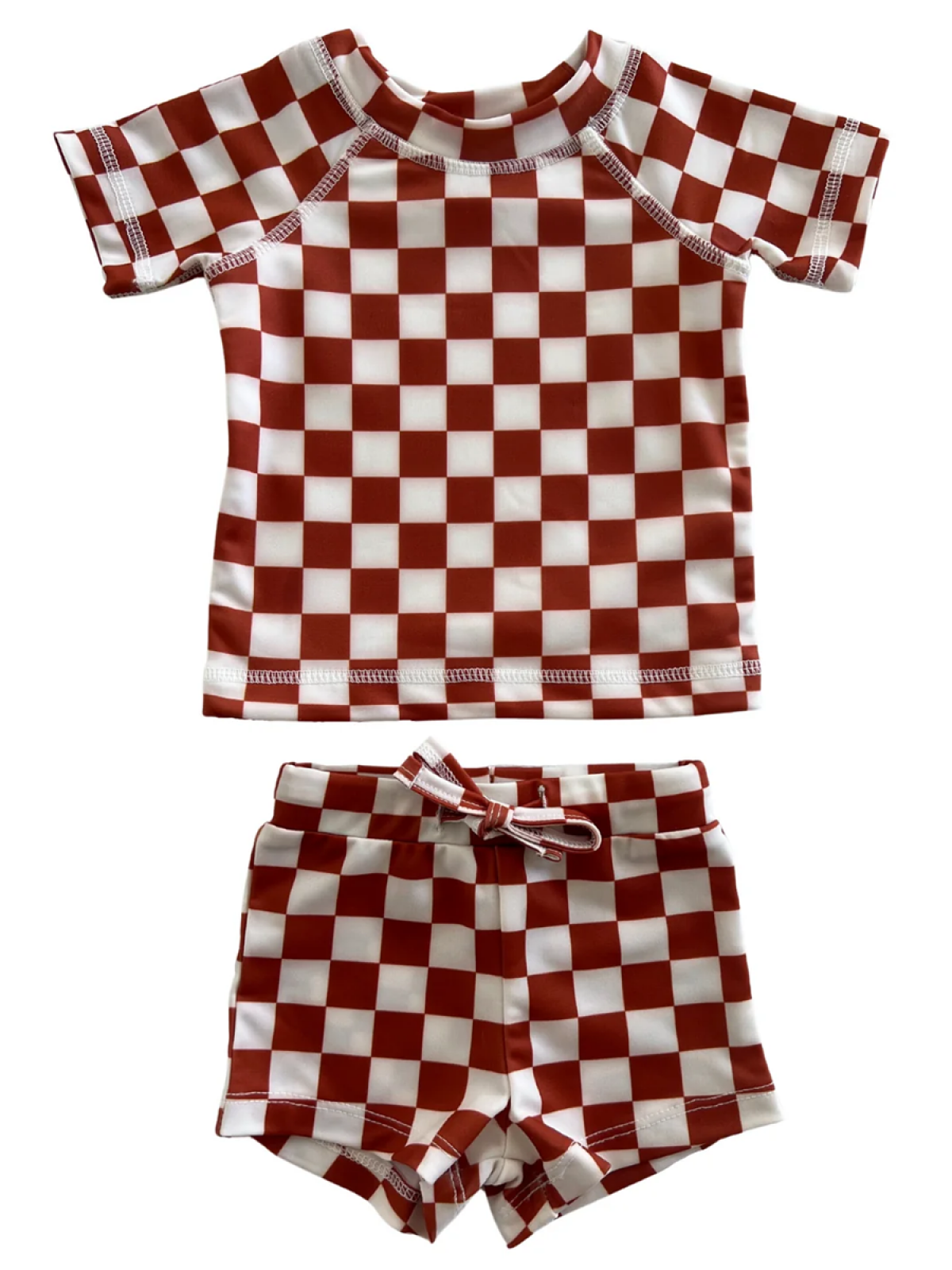 Red and white checkered short-sleeve rash guard set with matching shorts for children.