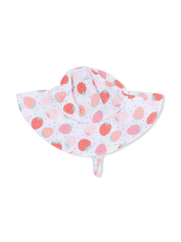 Lightweight children's sun hat with a strawberry print and wide brim for sun protection.
